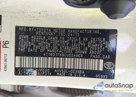 2012 Toyota Camry Hybrid Le z USA, uszkodzony, nr VIN 4T1BD1FK8CU024969